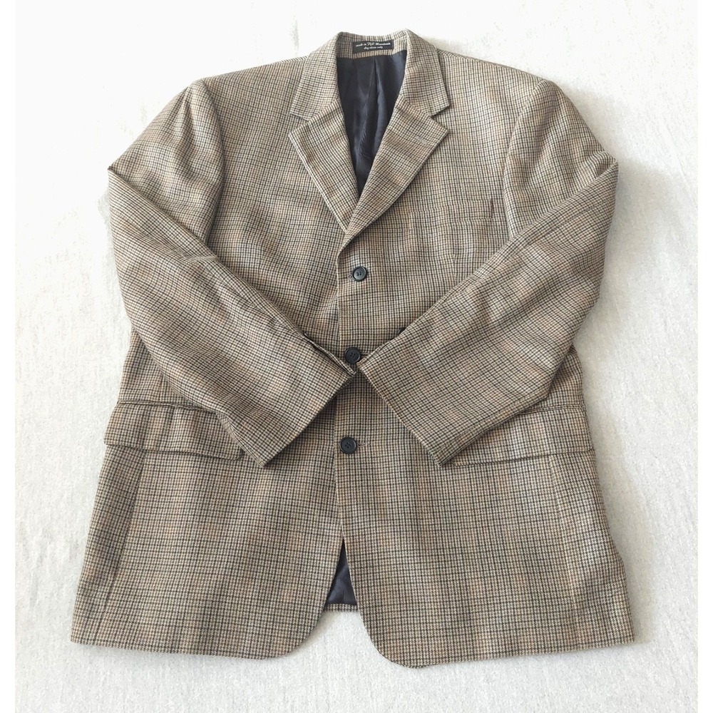 Vtg Andrew Fezza Silk Worsted Wool Sport Coat Blazer 42R Brown Houndstooth Check
